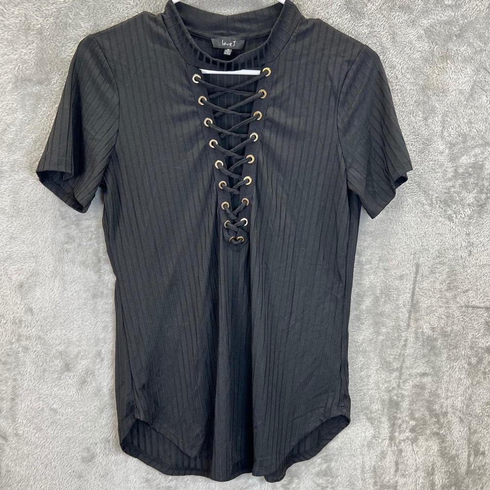 Love J Black Ribbed Knit Grunge Lace Up Front M Biker Goth Punk Corset Style